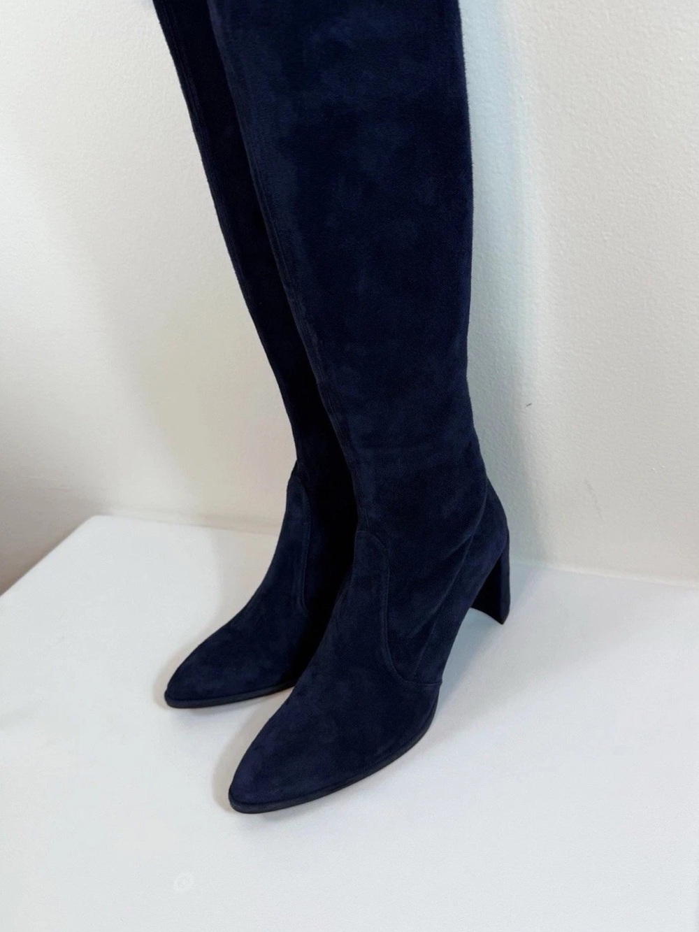 US 8.5 M Spain Stuart Weitzman Boots Over Knee Suede Heel Almond Toe Blue
